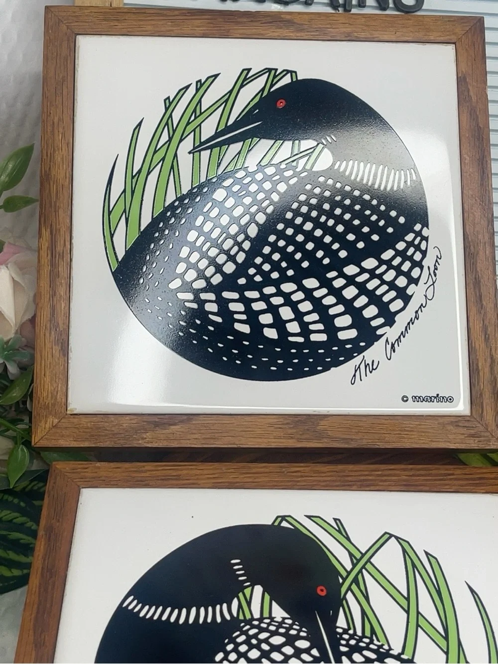 Vintage Marino Common Loon Framed Tile Art Set of 2 Duluth MN Wildlife Decor 7”